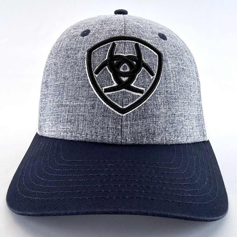 Ariat Men Logo Tracker Hat Gray Navy Blue Shield Snapback Adjustable Mesh Casual